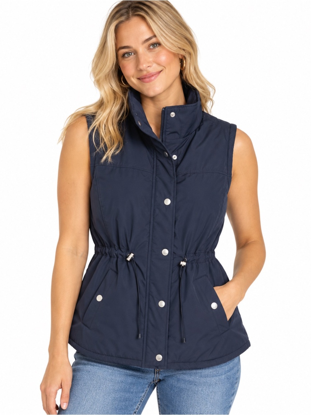 Cynthia Rowley Black Quilted Puff Vest Button Up zipper Cinched waist. Women M